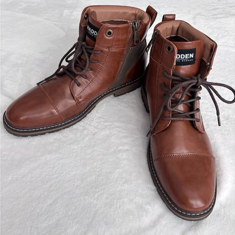 STEVE MADDEN Men's Brown Cap Toe Lace-Up Combat Ankle Boot--NEW--10.5